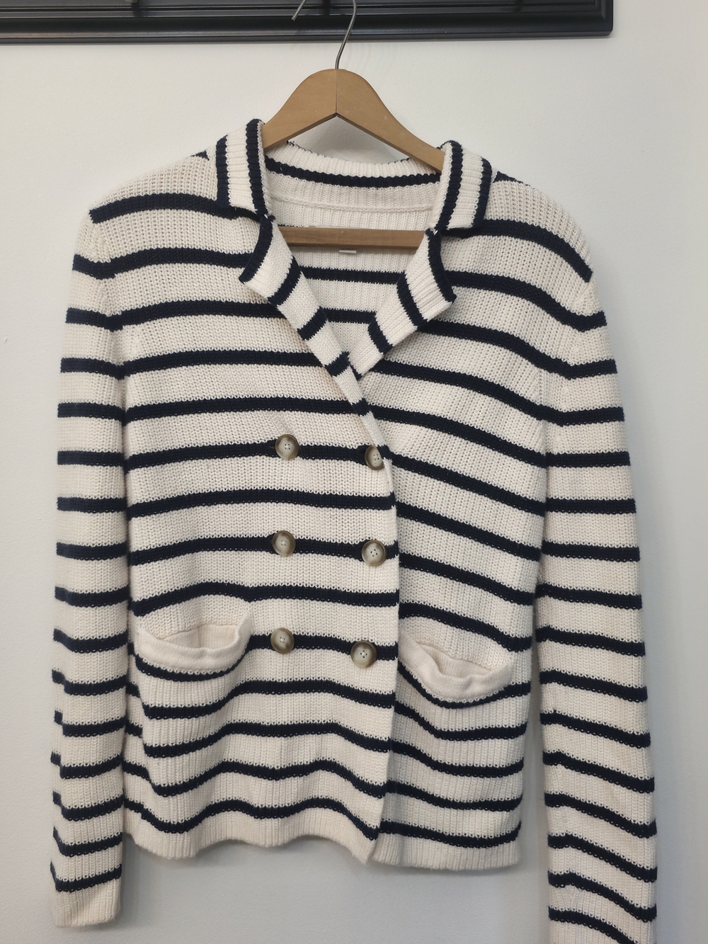 LOFT Navy & Cream Striped Double-Breasted Knit Cardigan
